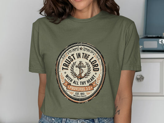 Olive t-shirt with "Trust in the Lord" emblem featuring a cross and anchor.
