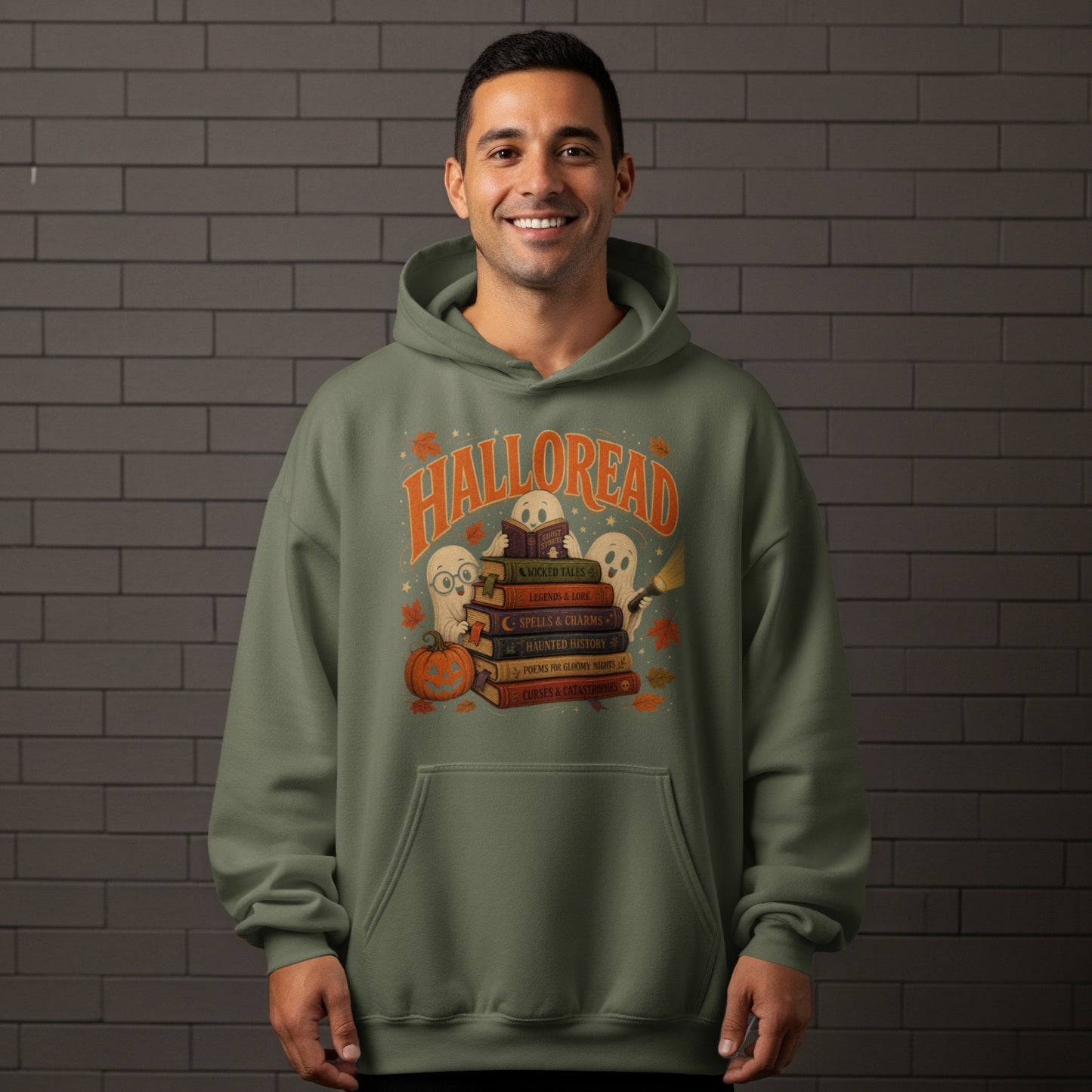 "Halloread" text above ghosts reading books and Halloween pumpkin.