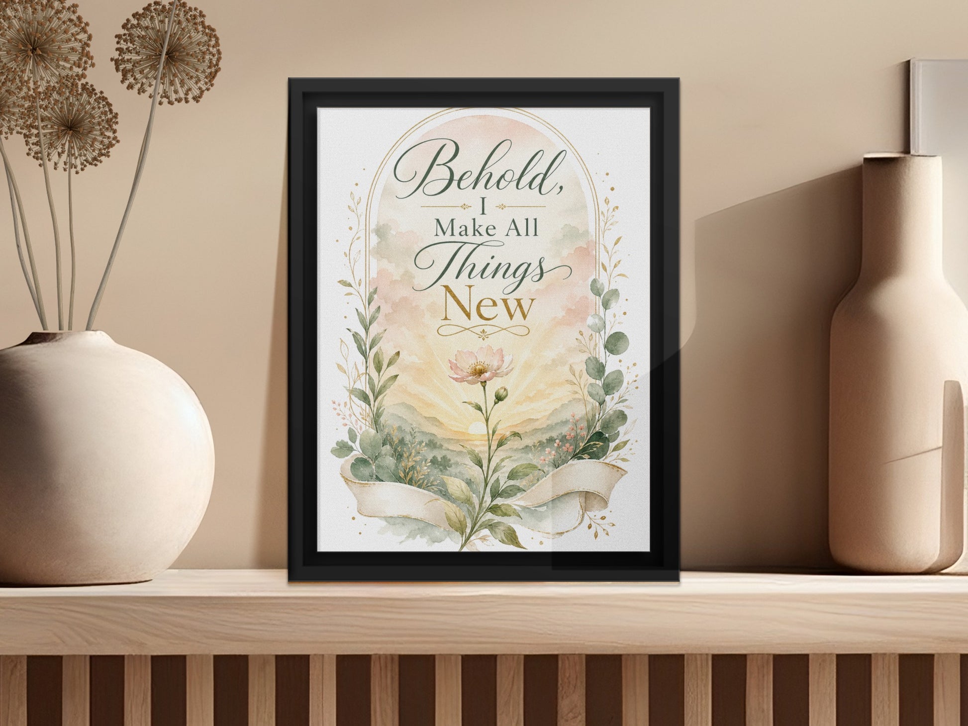 "Behold, I make all things new" scripture art with floral and landscape watercolor design.