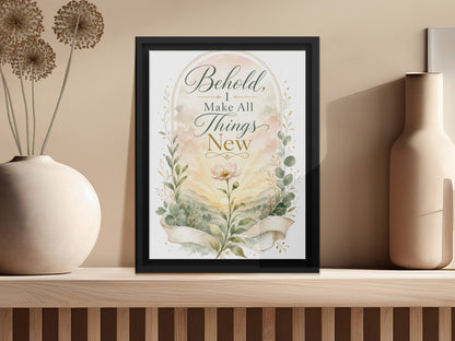 "Behold, I make all things new" scripture art with floral and landscape watercolor design.