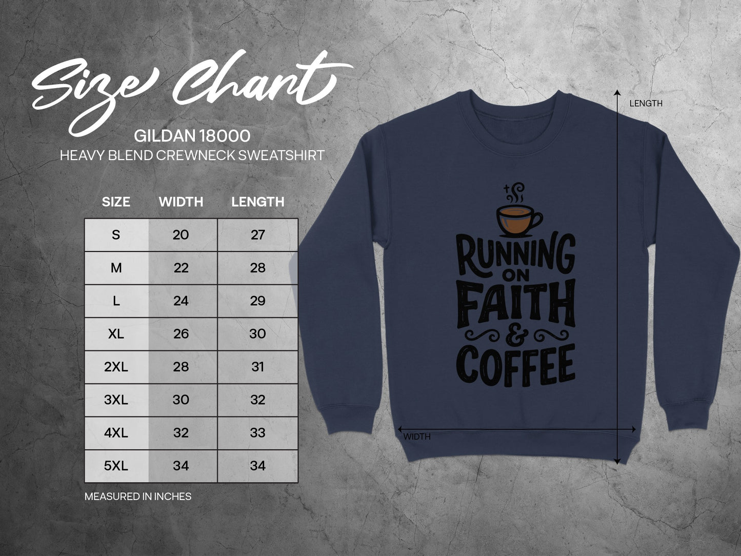 Gildan 18000 sweatshirt size chart showing measurements for crewneck sweatshirts.