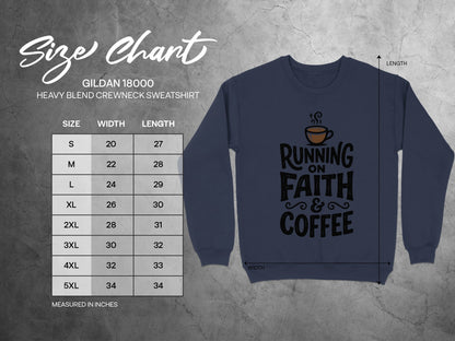 Gildan 18000 sweatshirt size chart showing measurements for crewneck sweatshirts.
