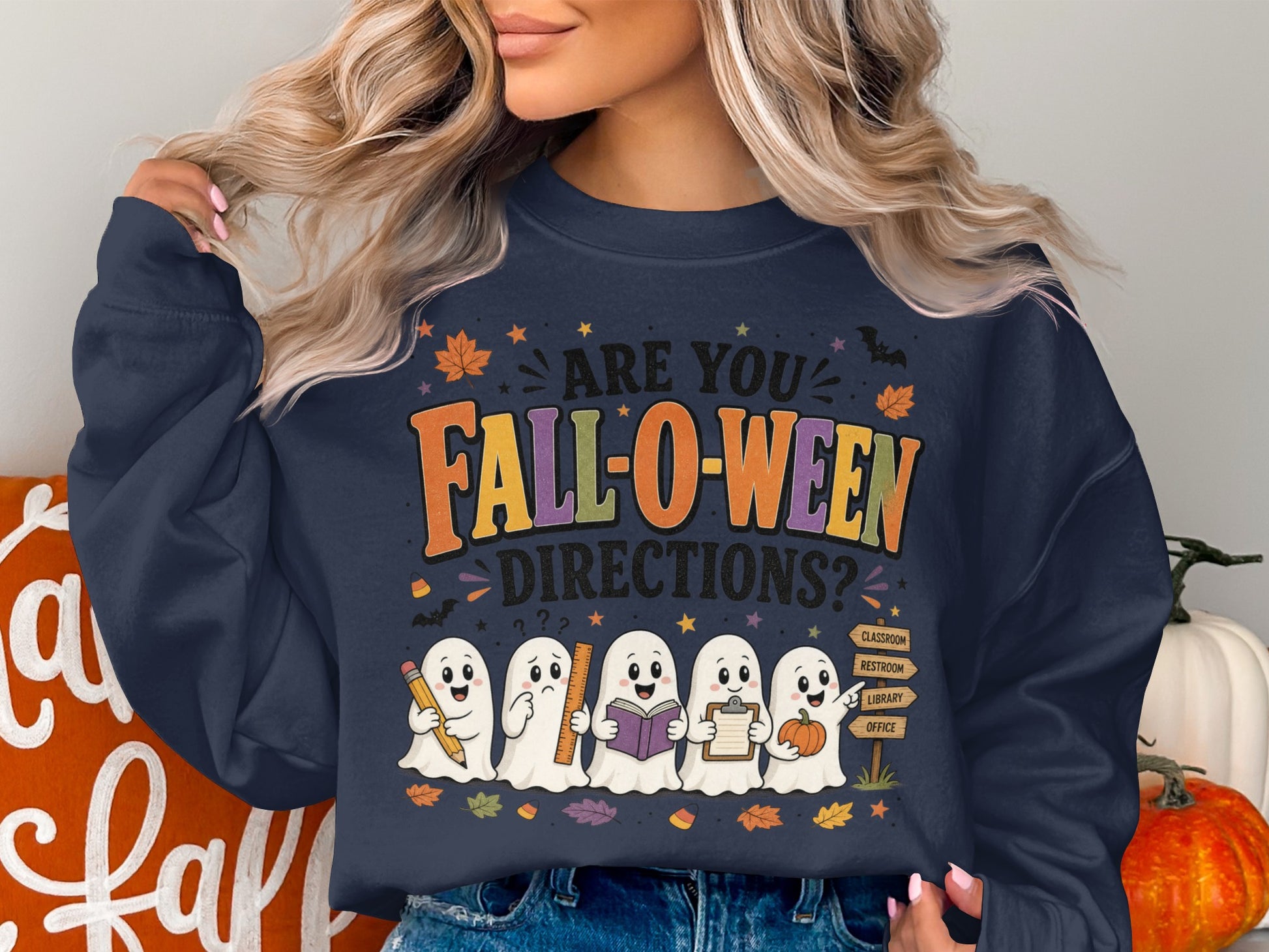 Dark navy sweatshirt with "Are You Fall-O-Ween Directions?" and five ghosts.