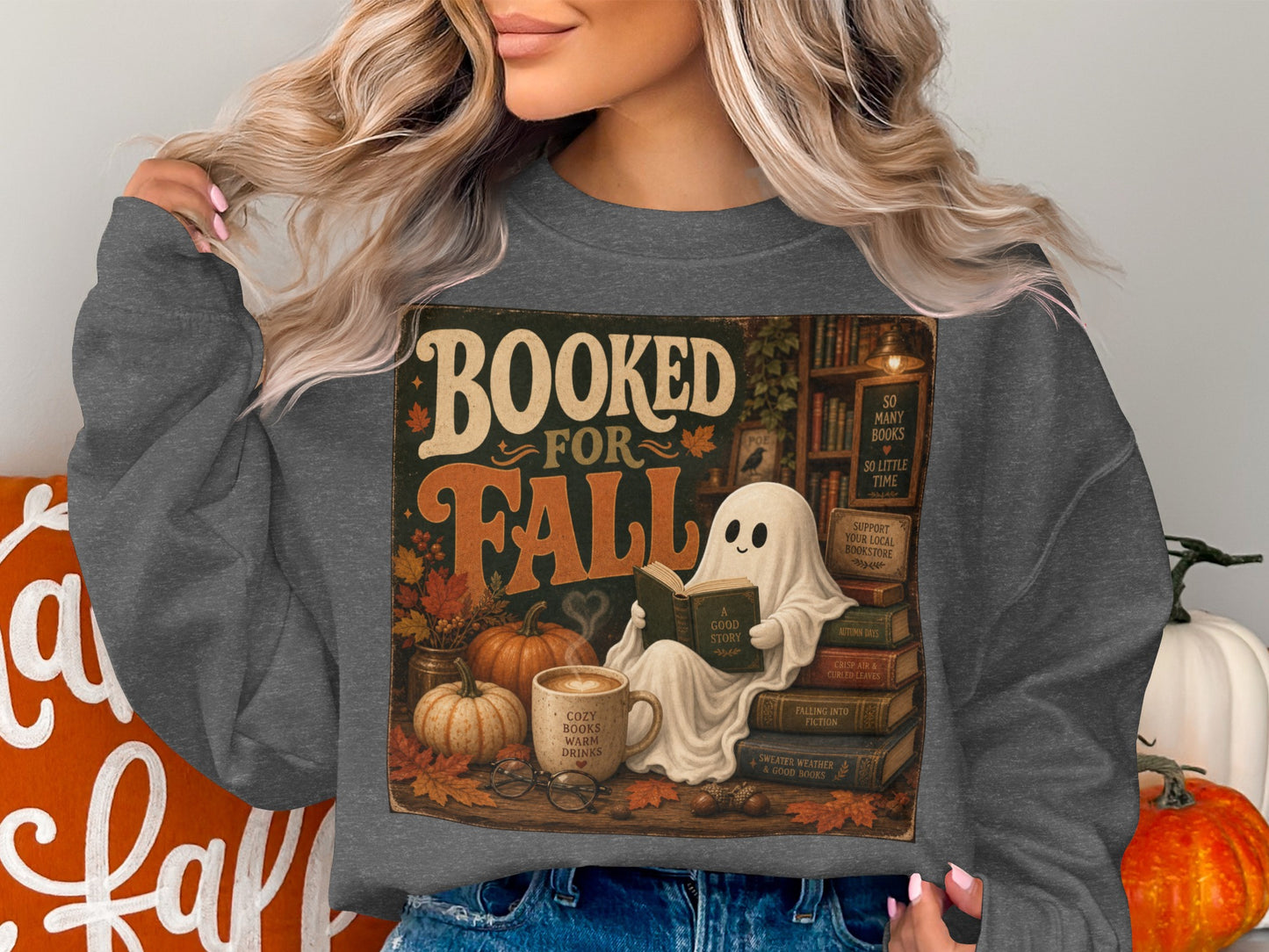 Ghost reading "A Good Story" on books with text "Booked for Fall".