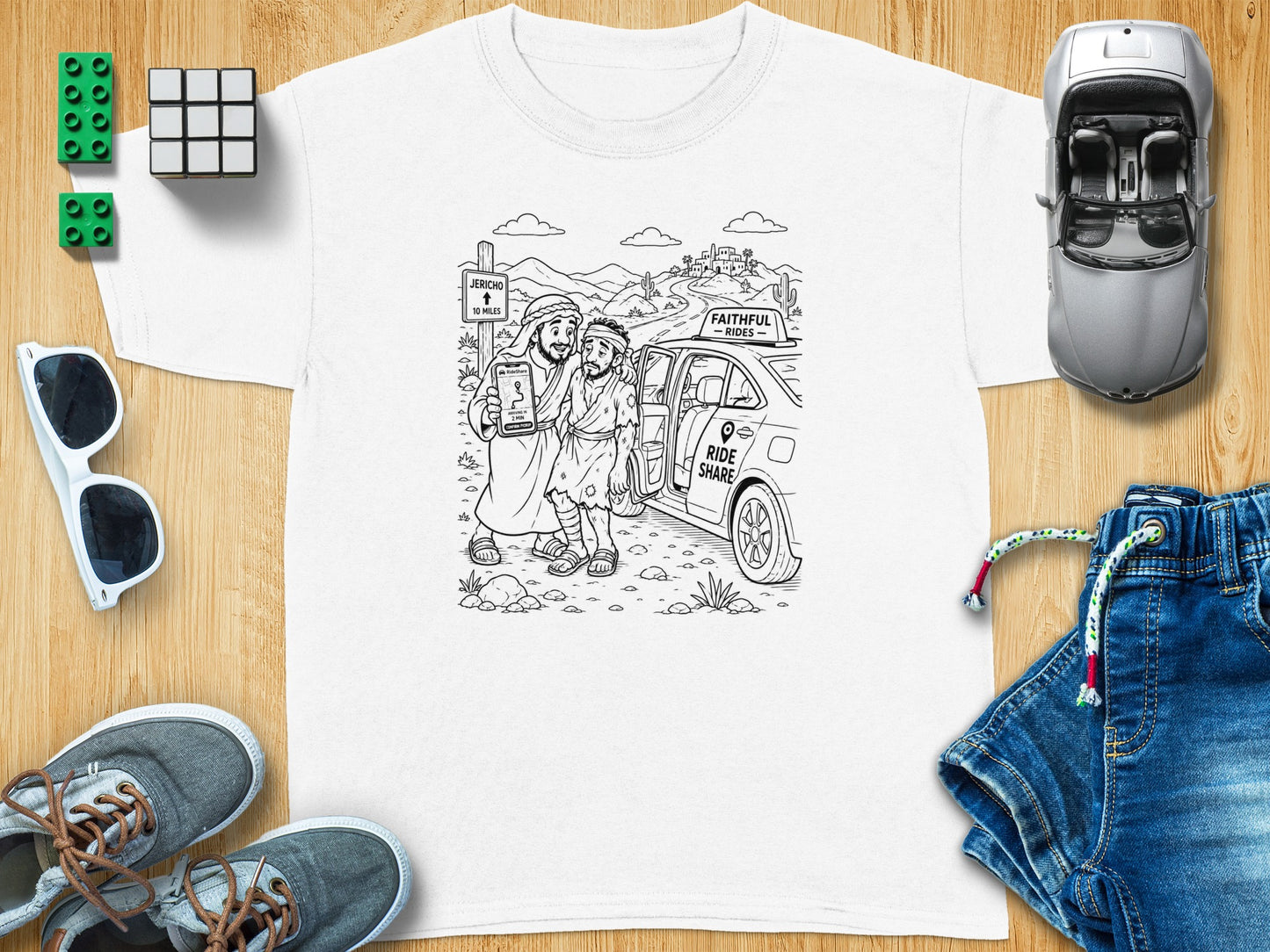 Cartoon drawing of two people using a phone to hail a ride share from a car.