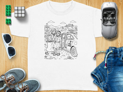 Cartoon drawing of two people using a phone to hail a ride share from a car.