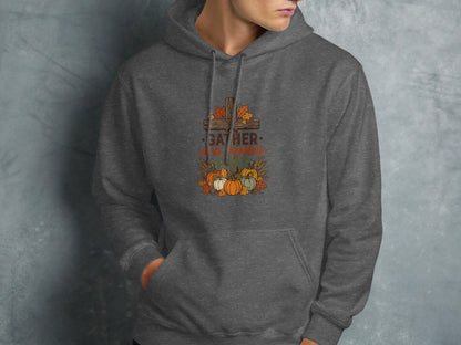 Dark grey hoodie with "Gather Thanks" graphic featuring pumpkins and a cross.