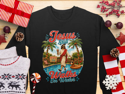 Jesus still walks on water graphic on black sweatshirt.