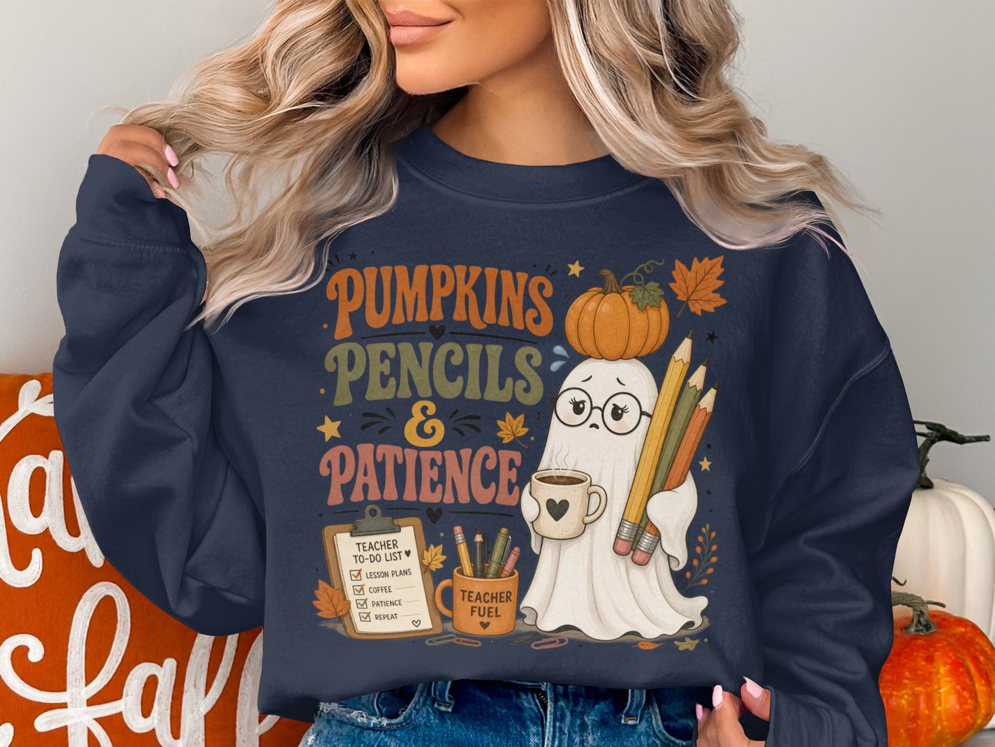 Ghost with pumpkin and pencils, "Pumpkins Pencils & Patience" text, and teacher to-do list.