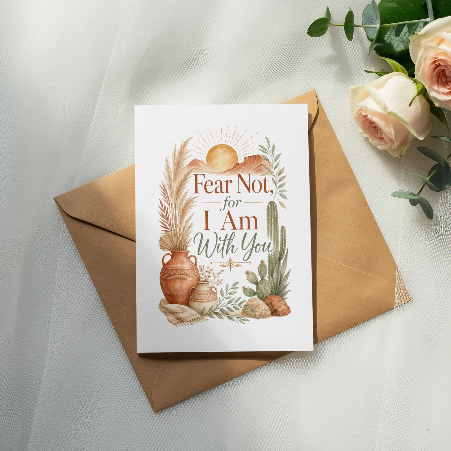 Card with "Fear Not, for I Am With You" text and desert boho illustration.