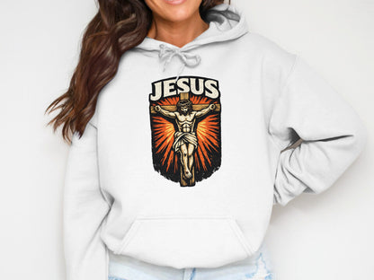 White hoodie with "JESUS" text over a graphic of Jesus on the cross.