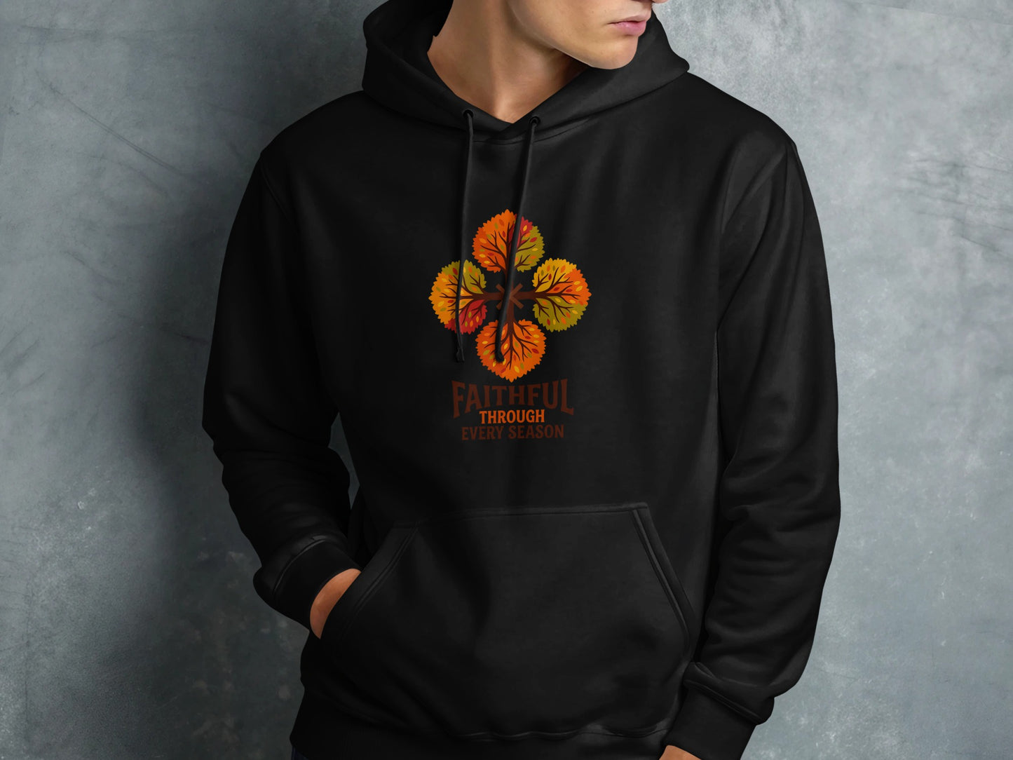 Black hoodie with "Faithful Through Every Season" and a four-leaf clover design.
