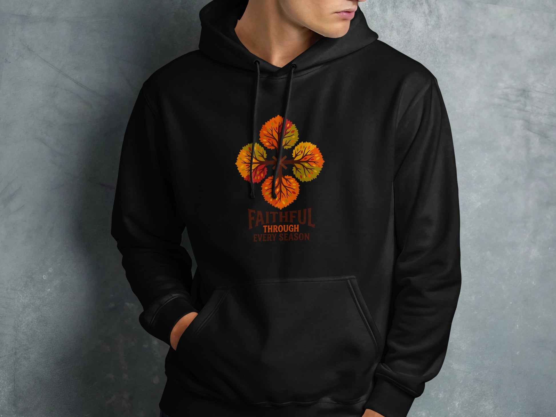 Black hoodie with "Faithful Through Every Season" and a four-leaf clover design.