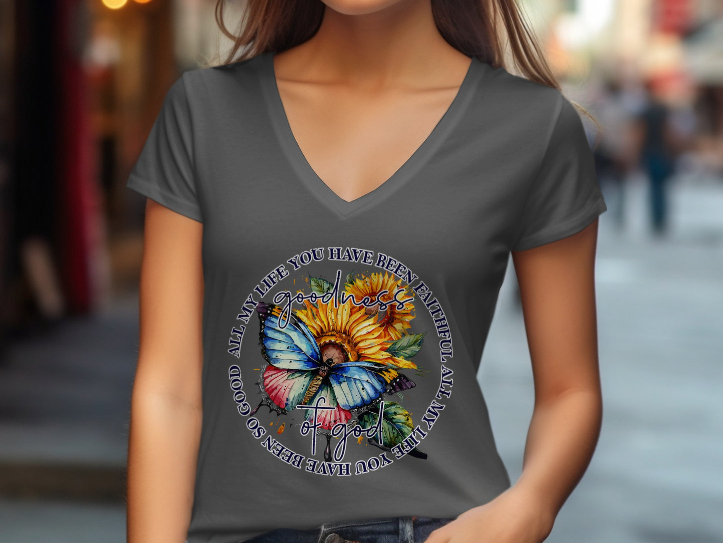 T-shirt with sunflower and butterfly graphic, featuring text "All my life you have been so good".