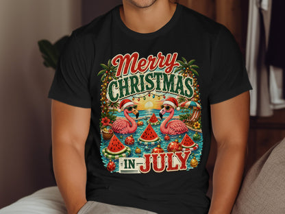 Christmas in July with flamingos, watermelons, and Santa hats.