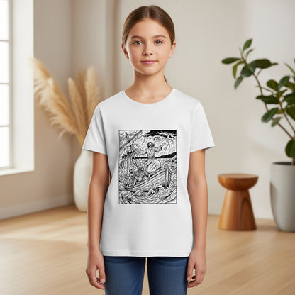 Child in white t-shirt featuring black and white comic art of Jesus walking on water.