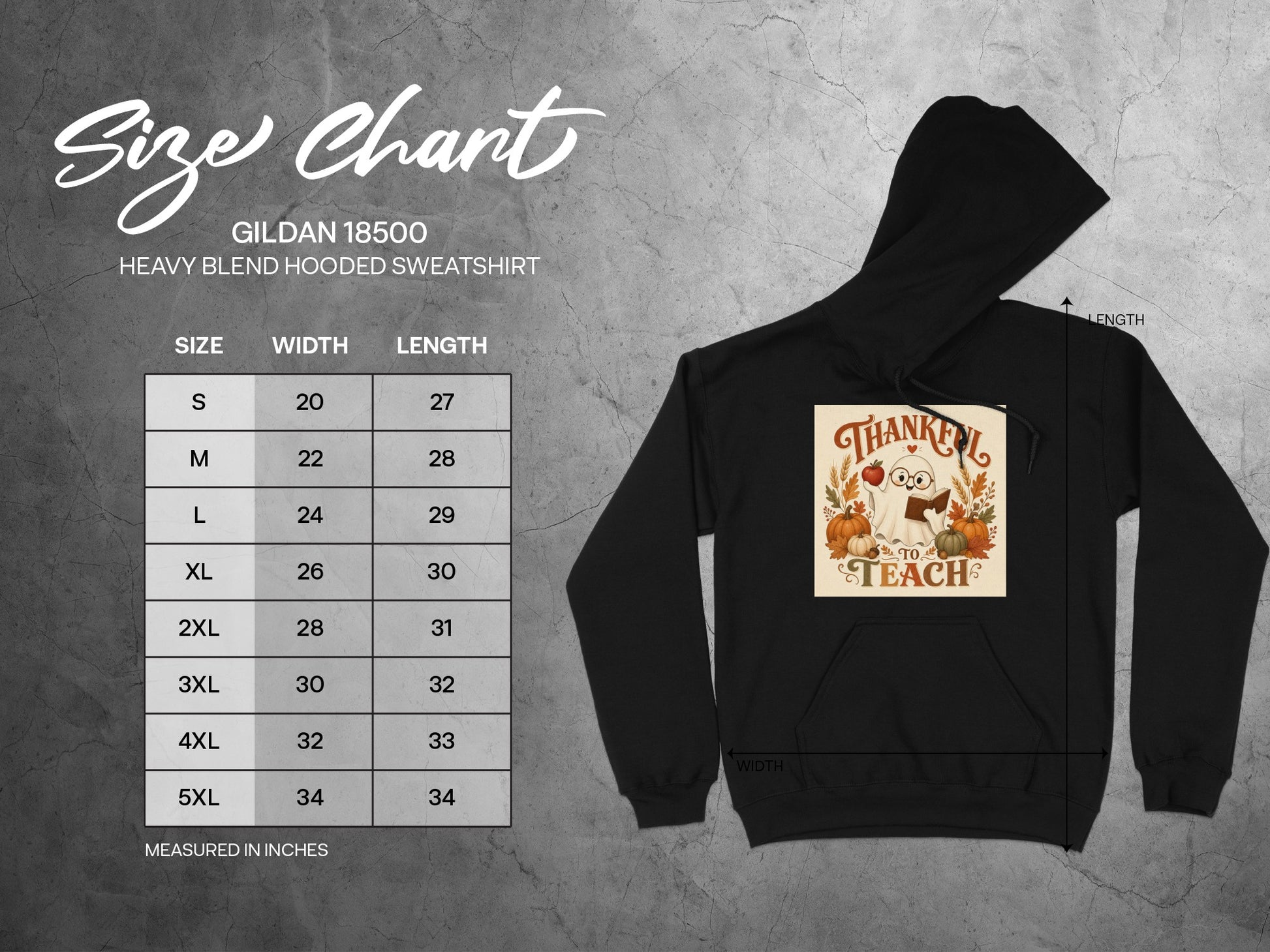 Gildan 18500 size chart for heavy blend hooded sweatshirt with width and length measurements.