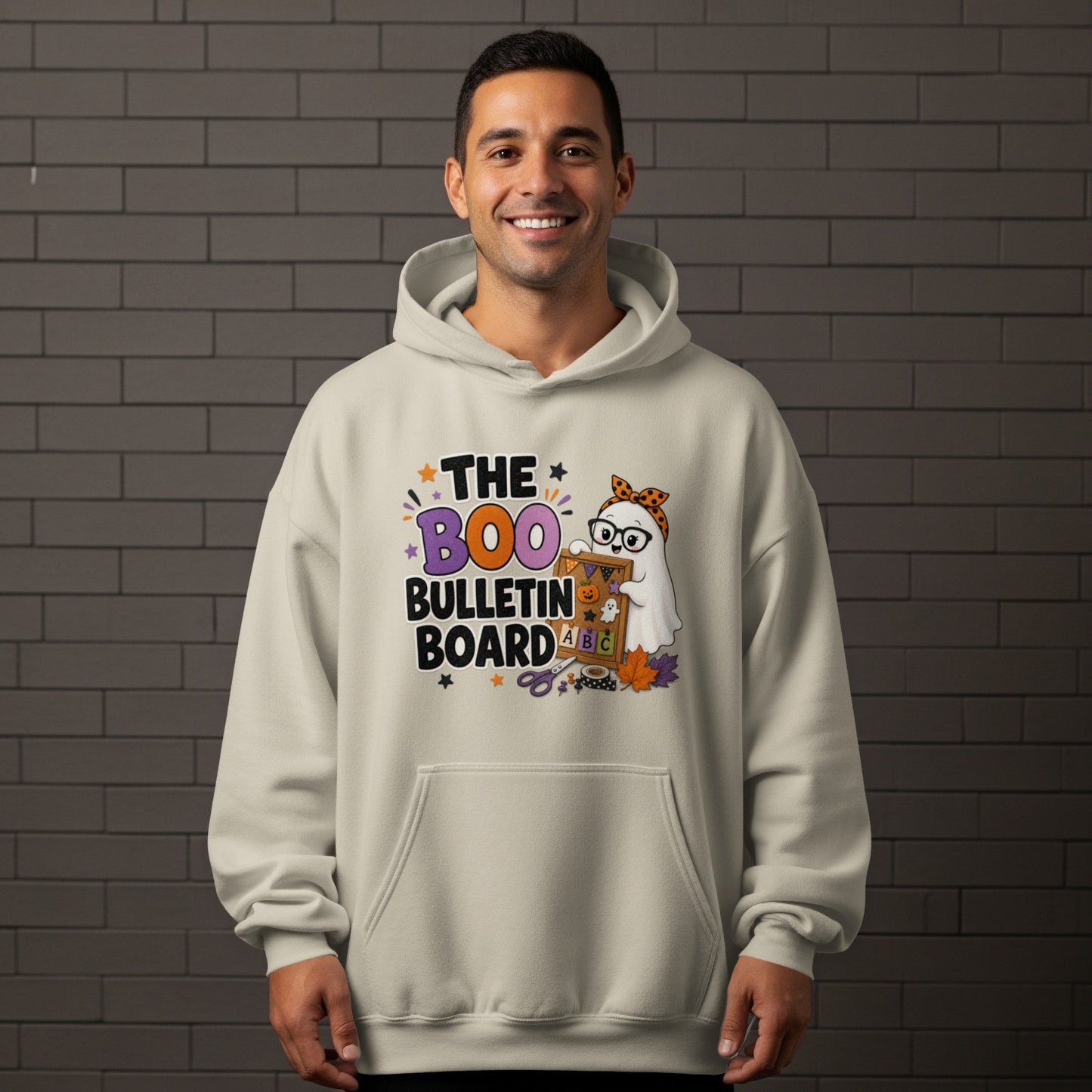 Graphic with a ghost and text reading "The Boo Bulletin Board" for Halloween.