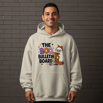 Graphic with a ghost and text reading "The Boo Bulletin Board" for Halloween.