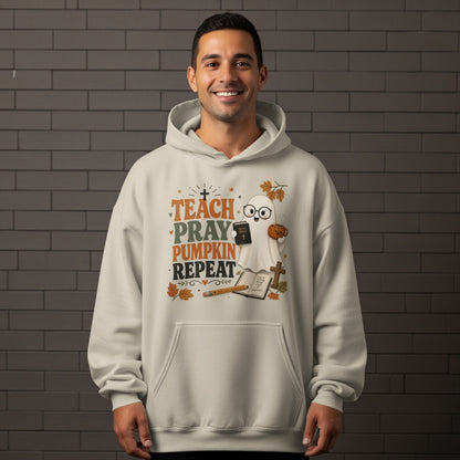 Lightweight hoodie with "Teach Pray Pumpkin Repeat" ghost graphic.