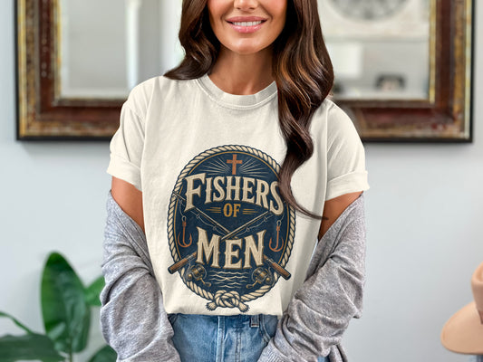 Cream t-shirt with "Fishers of Men" text, fishing rods, hooks, and a cross emblem.