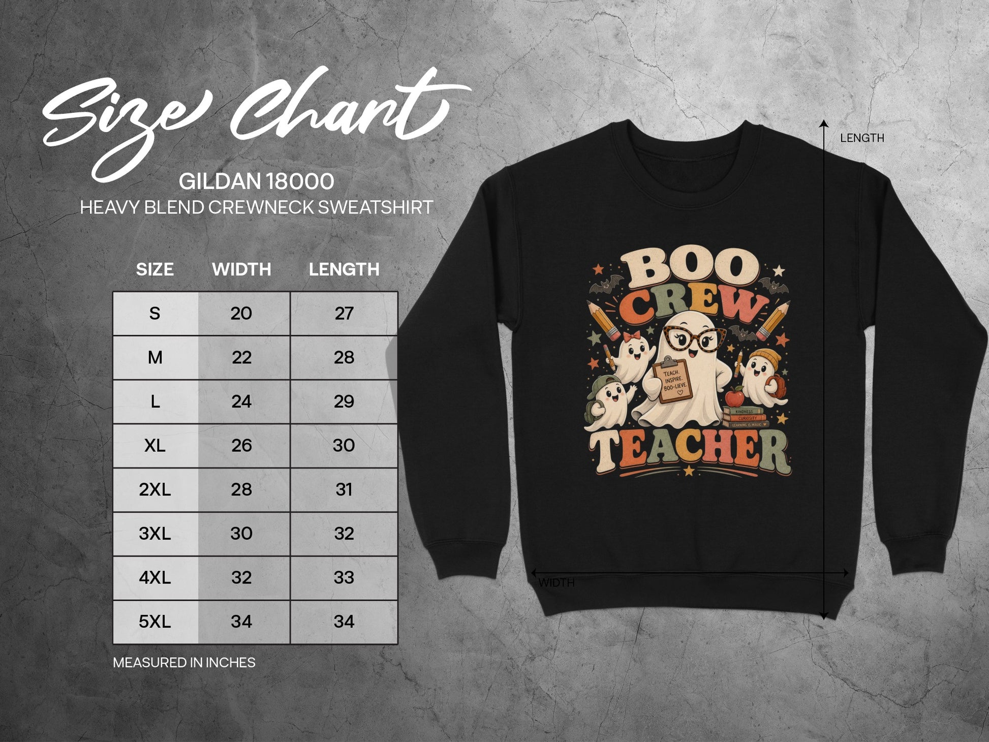 Gildan 18000 size chart with ghost teacher graphic on black sweatshirt.