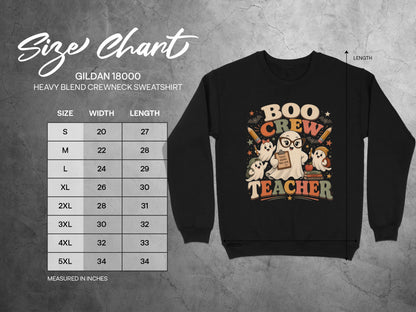 Gildan 18000 size chart with ghost teacher graphic on black sweatshirt.