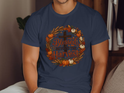 T-shirt with "Blessed Beyond The Harvest" text and a fall wreath design.