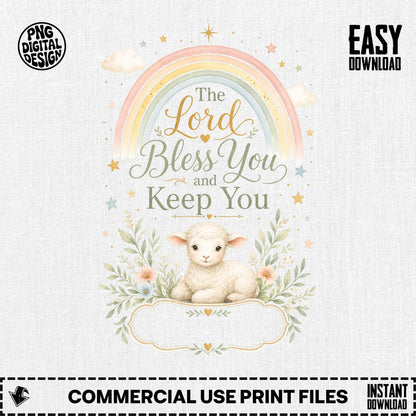 Lord Bless You and Keep You design with lamb and rainbow.