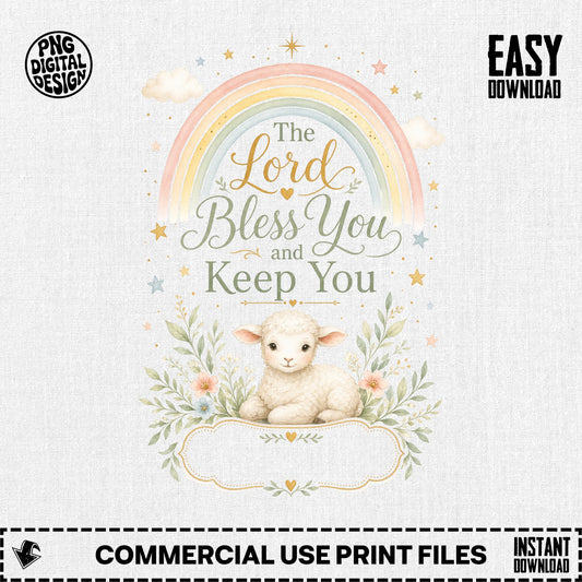 Lord Bless You and Keep You design with lamb and rainbow.