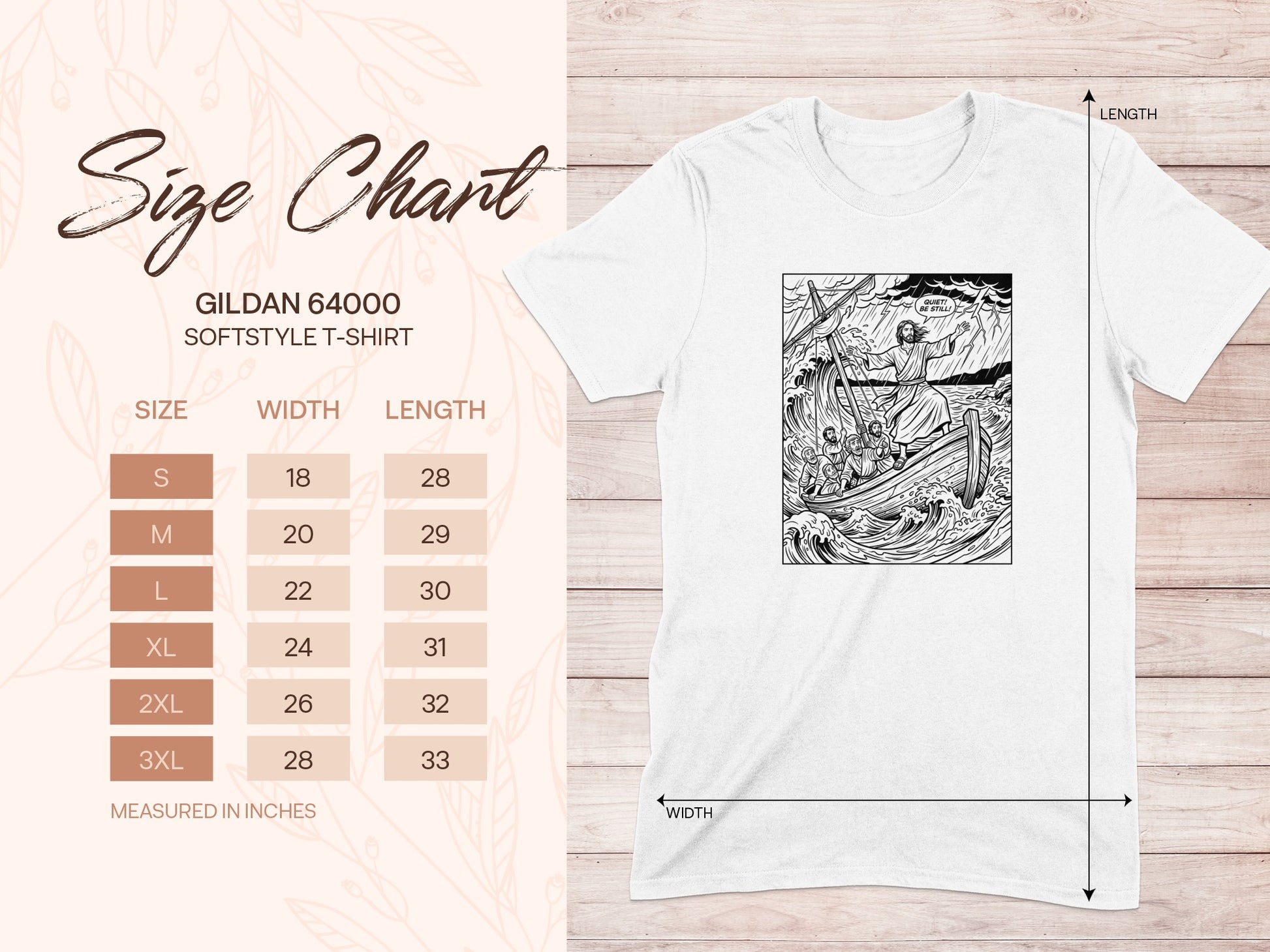Gildan 64000 softstyle t-shirt size chart with illustration of Jesus calming the storm.