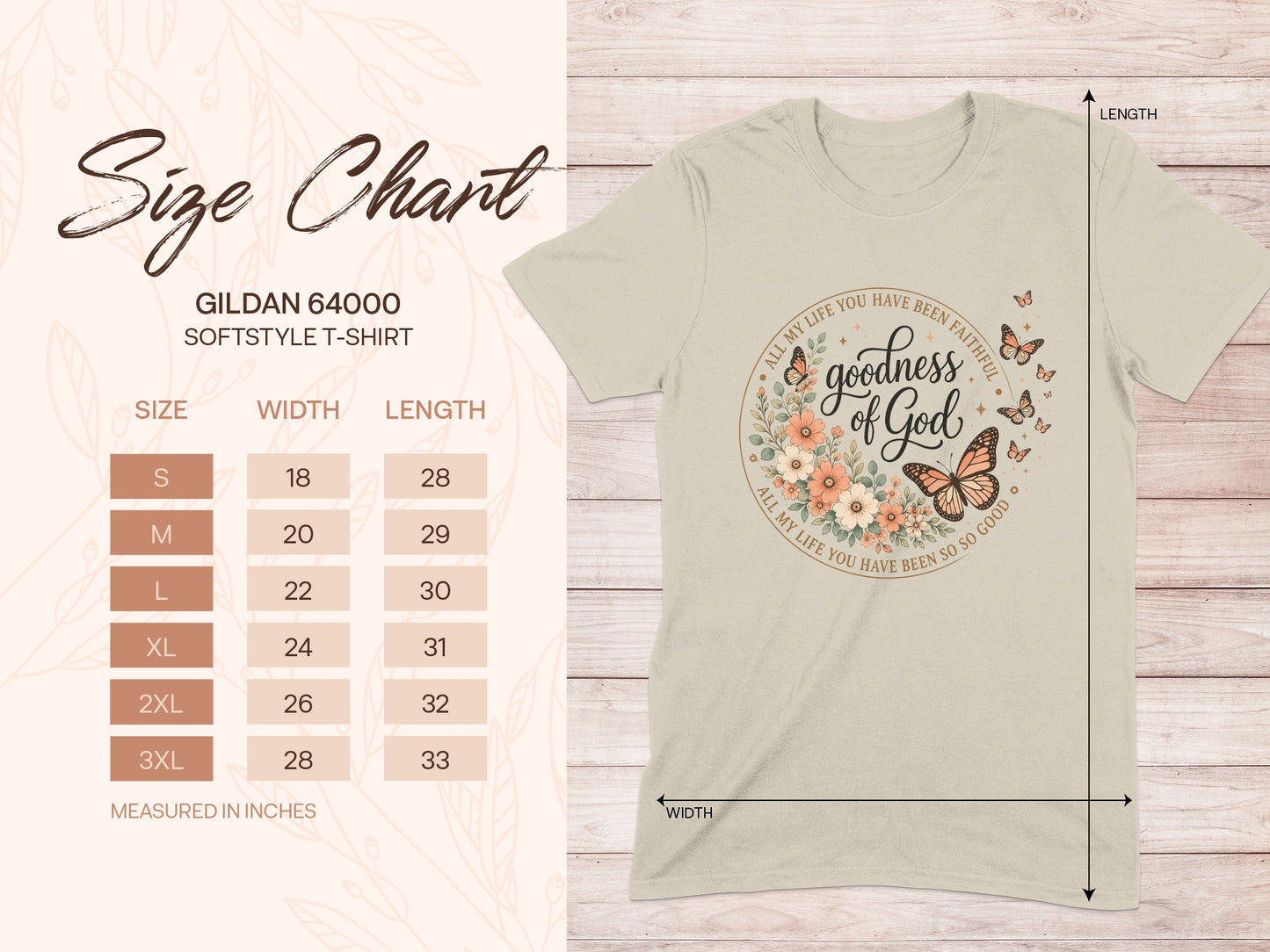 Gildan 64000 softstyle t-shirt size chart with measurements for width and length.