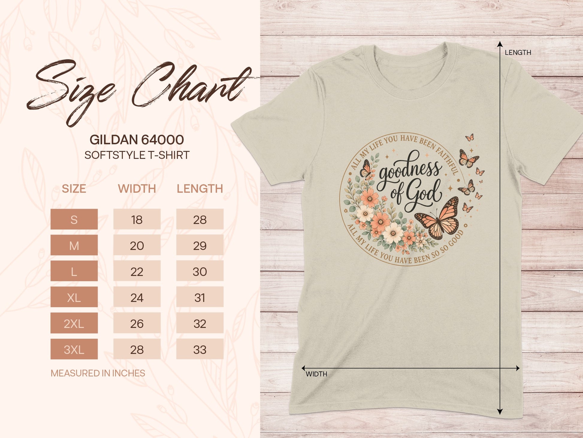 Gildan 64000 softstyle t-shirt size chart with measurements for width and length.