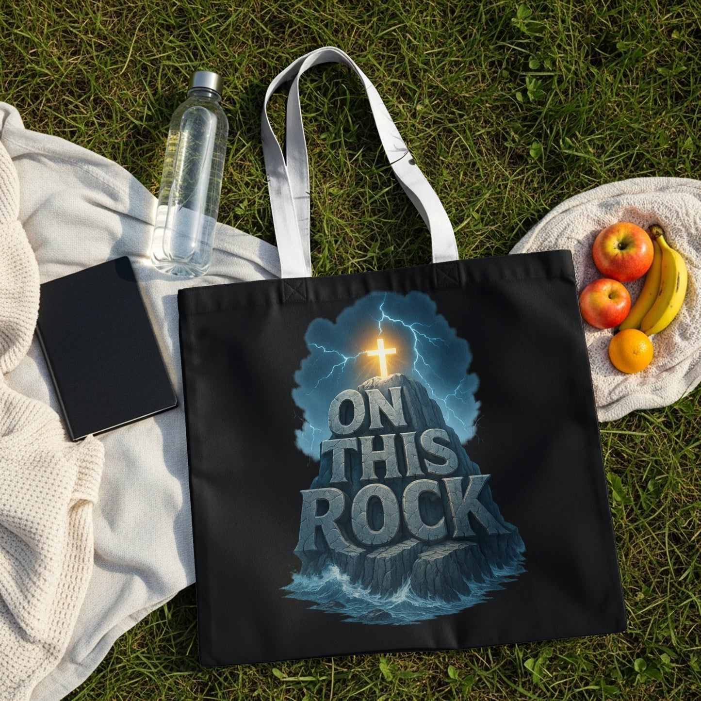 Black tote bag with "ON THIS ROCK" text and a glowing cross on a cliff.