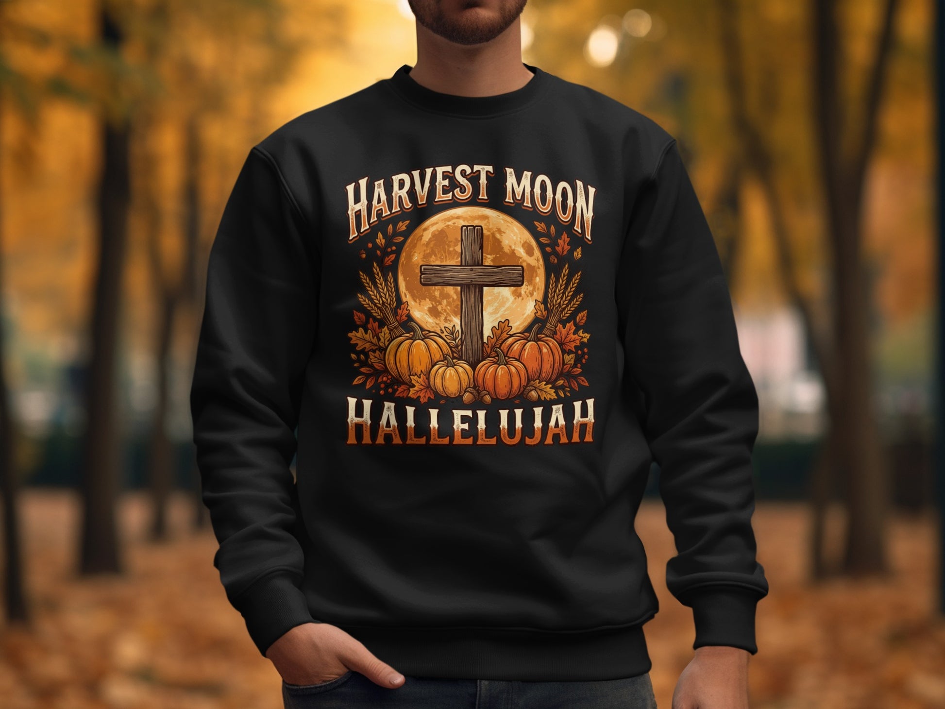 Black sweatshirt with "Harvest Moon Hallelujah" and a cross with pumpkins.