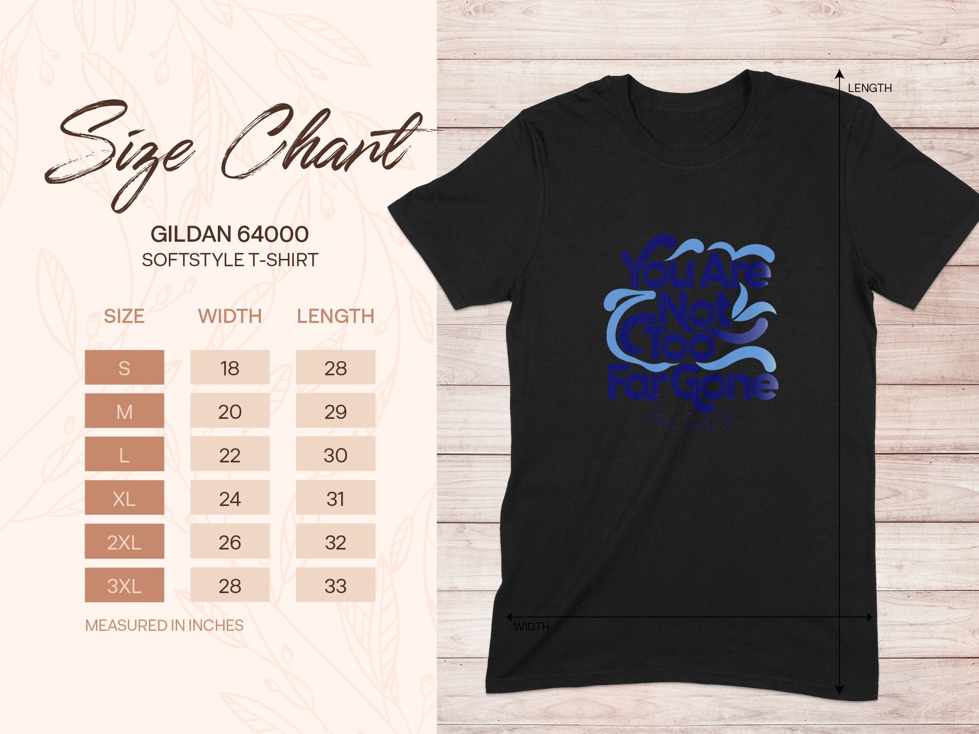 Gildan 64000 Softstyle T-shirt size chart with width and length measurements.