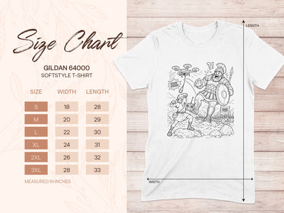 Gildan 64000 Softstyle T-Shirt size chart with humorous illustration.