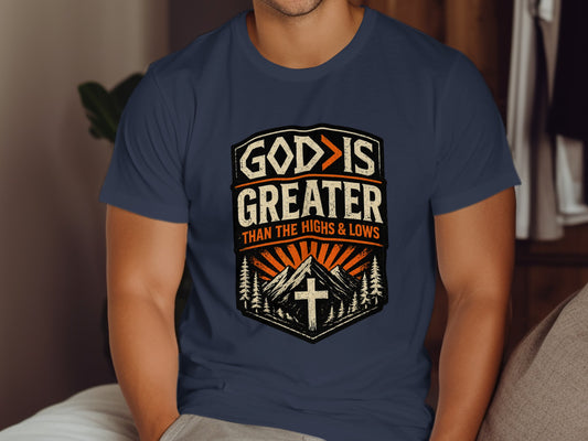 Navy t-shirt with "God is Greater than the Highs and Lows" text and mountain graphic.