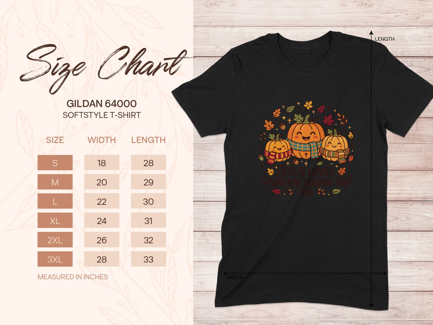 Gildan 64000 softstyle t-shirt size chart with measurements.
