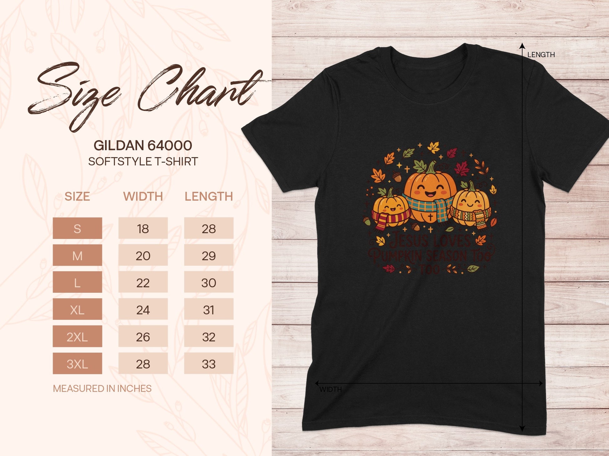 Gildan 64000 softstyle t-shirt size chart with measurements.