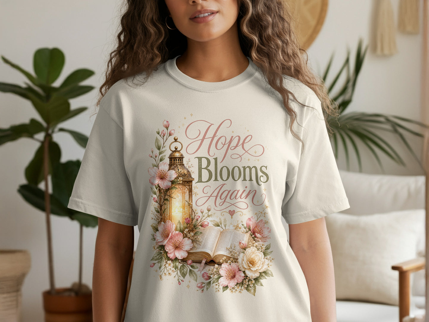T-shirt with floral design, lantern, open book, and text "Hope Blooms Again."