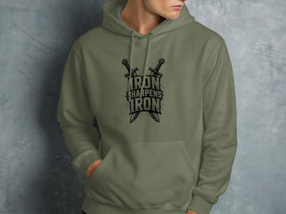 Green hoodie with crossed swords and "Iron Sharpens Iron" text.