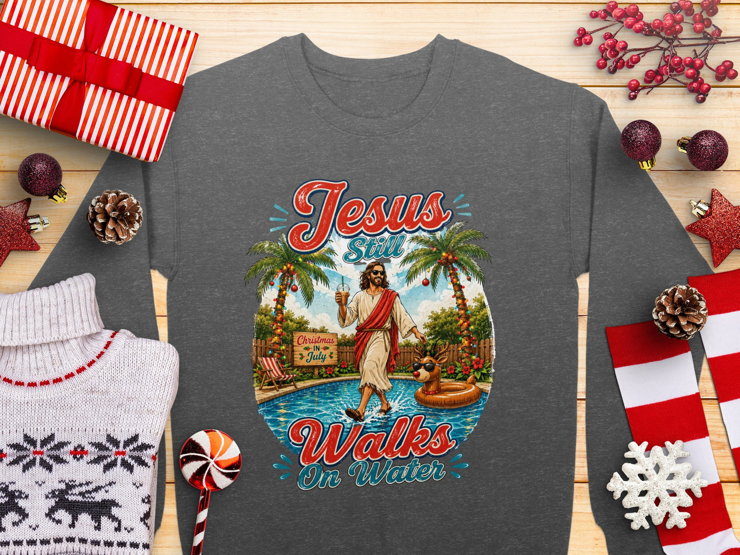 Jesus Still Walks on Water graphic t-shirt with holiday decor.