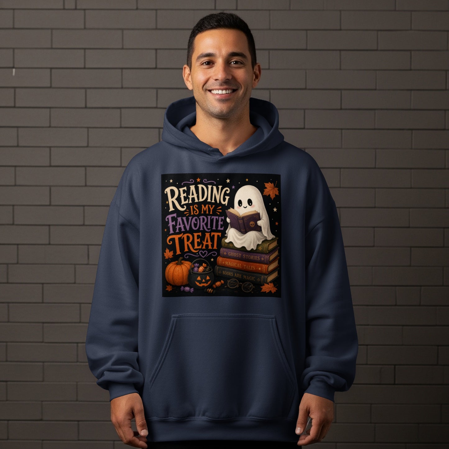 Ghost reading "Reading is My Favorite Treat" on books with Halloween decorations.