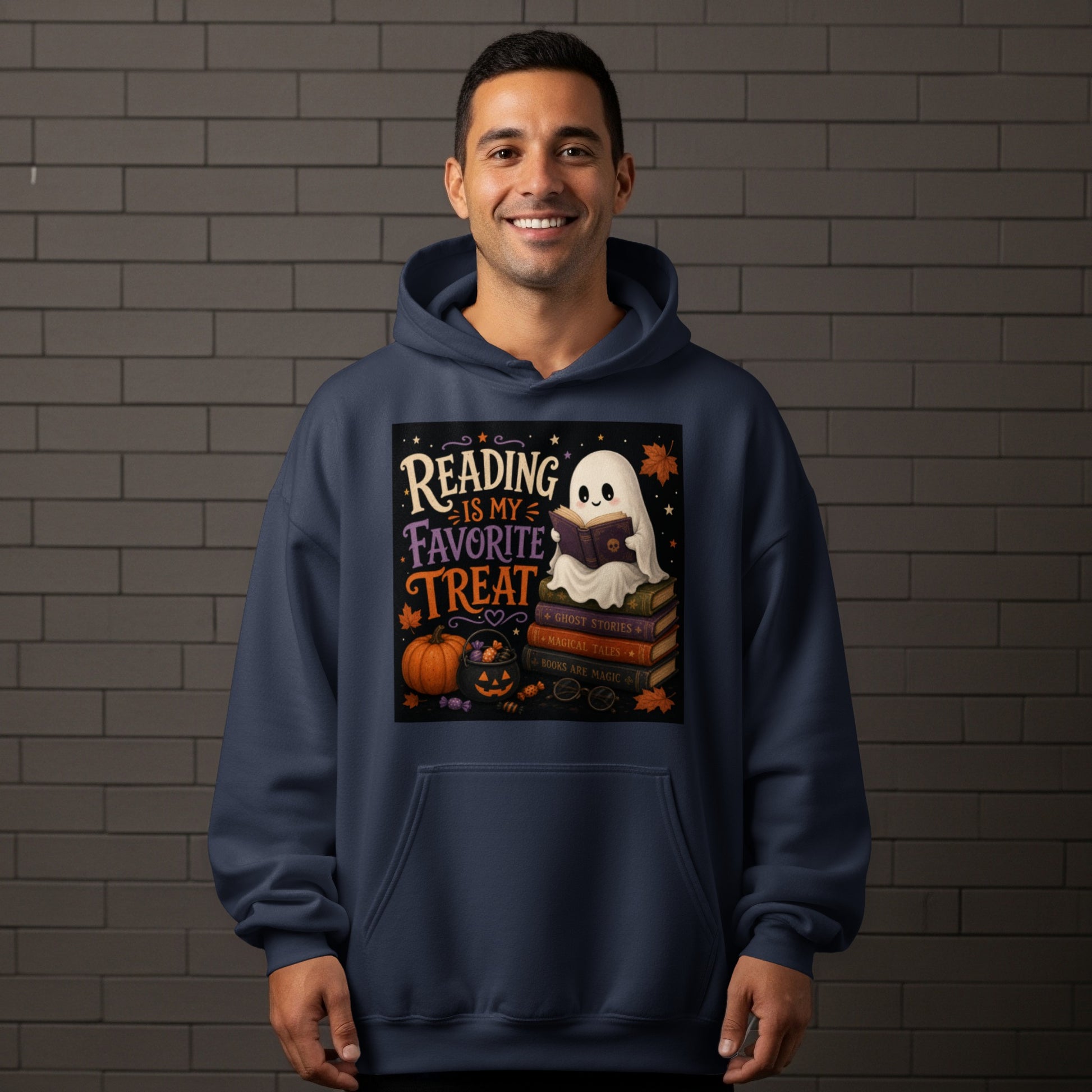 Ghost reading "Reading is My Favorite Treat" on books with Halloween decorations.