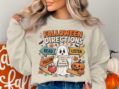 Ghost with "Falloween Directions" text and directional arrows.