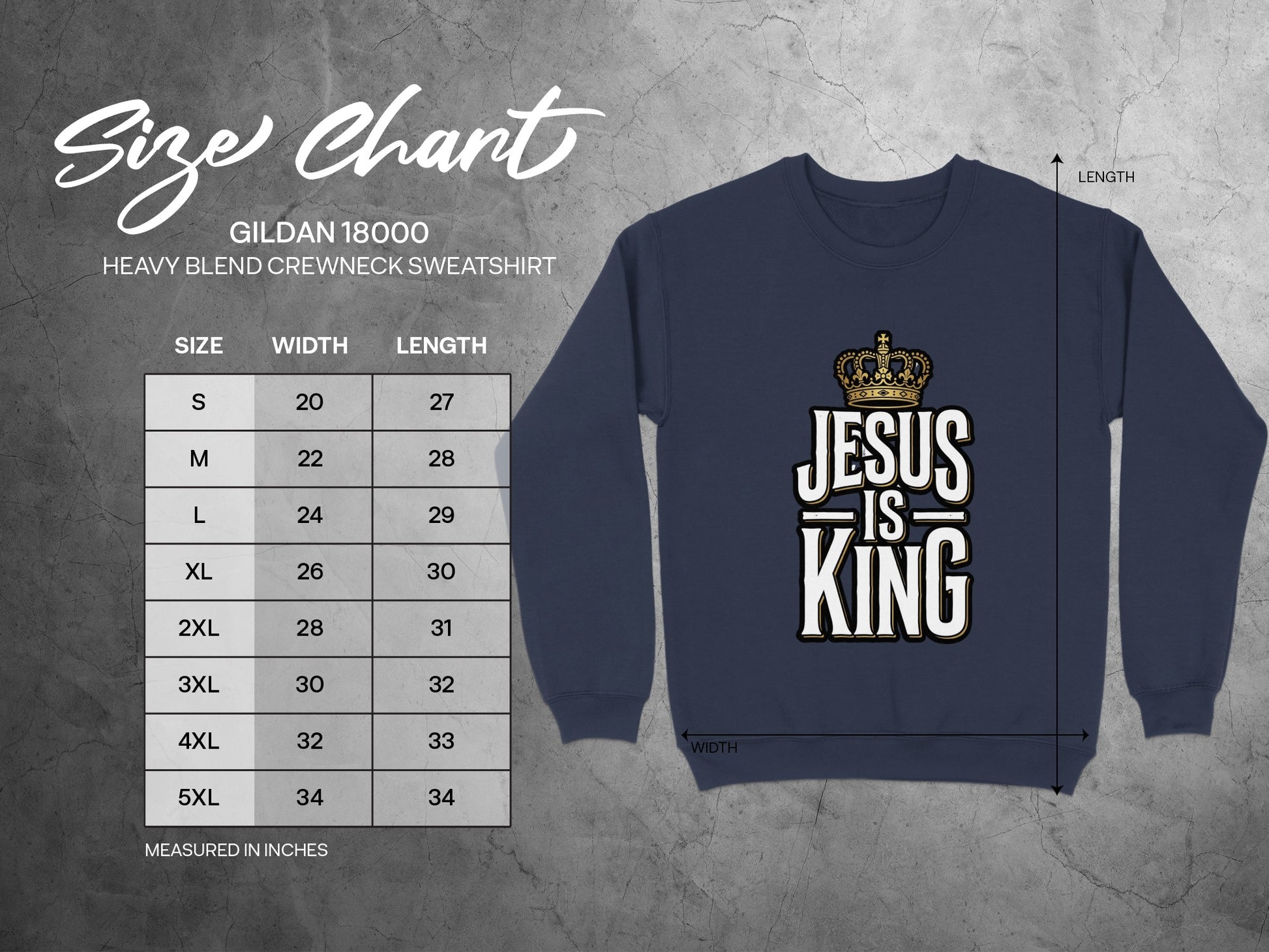 Gildan 18000 sweatshirt size chart with measurements in inches and "Jesus is King" graphic.