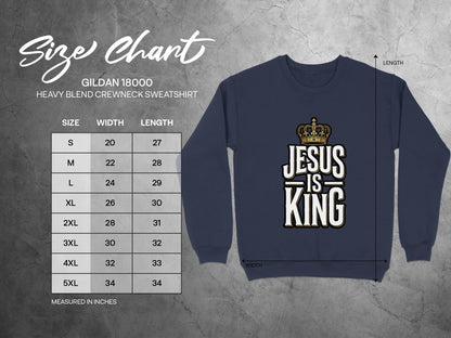 Gildan 18000 sweatshirt size chart with measurements in inches and "Jesus is King" graphic.