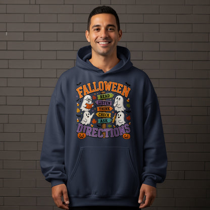 Navy hoodie with "Falloween Directions" text and cartoon ghosts.