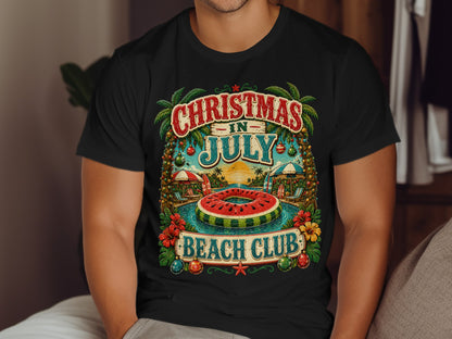 Christmas in July Beach Club t-shirt with watermelon pool float.
